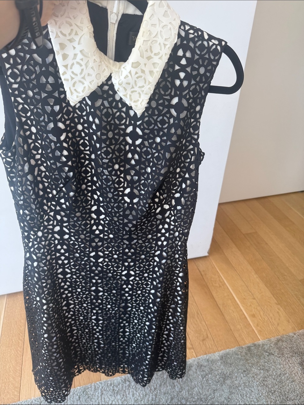 Tadashi Shoji Black Lace Overlay Midi Dress with White Scalloped Collar